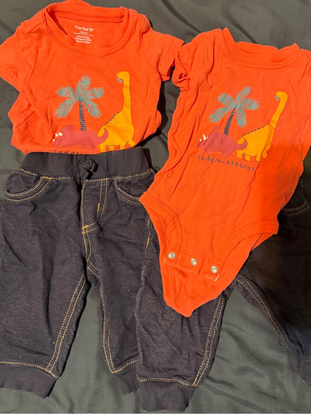 2 Carter's Orange Dinosaur Bodysuit & Pants Matching Set